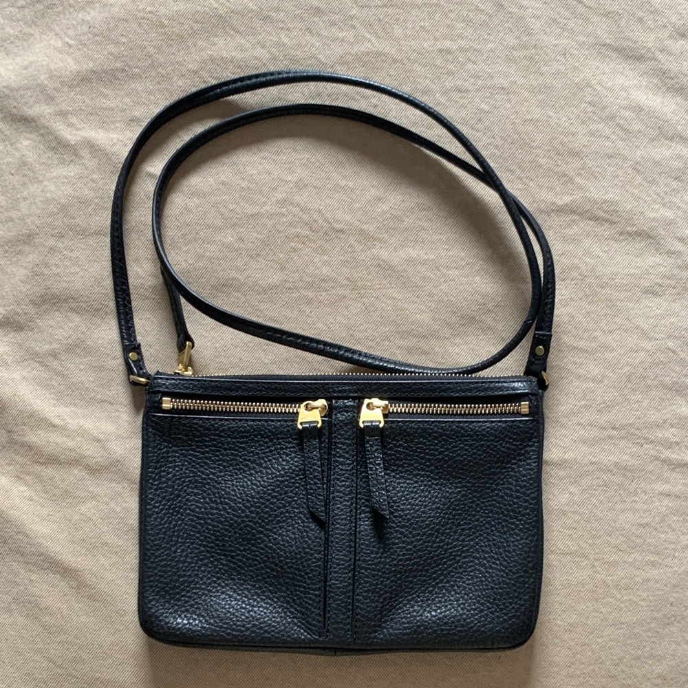Fossil Black Leather Crossbody Bag with Gold Accents
